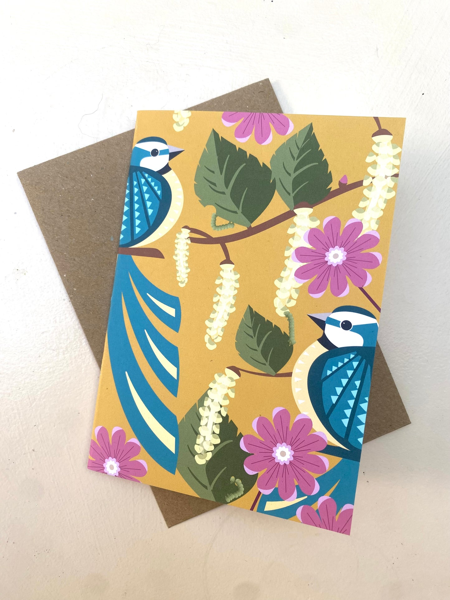 Blue Tit and Caterpillar Greetings Card