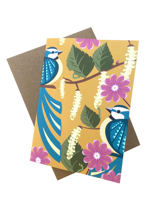 Blue Tit and Caterpillar Greetings Card