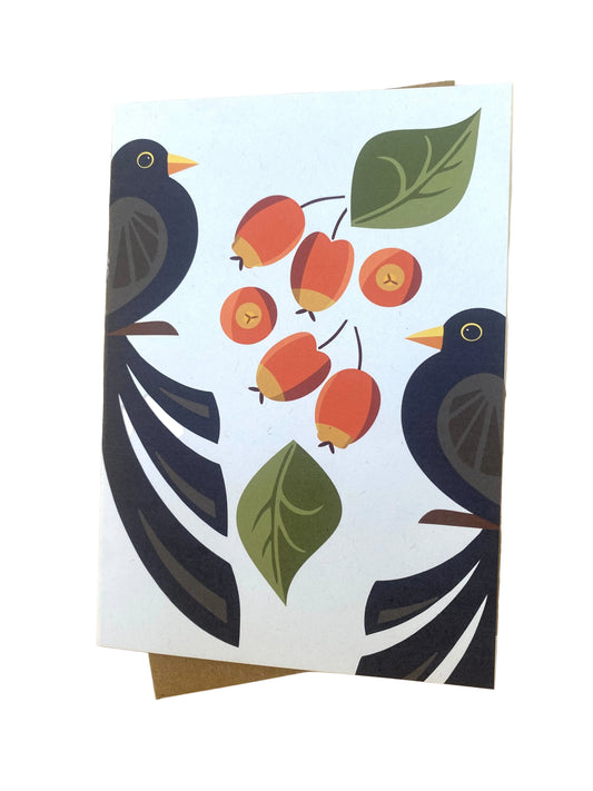 Blackbird and Crab Apple Greetings Card